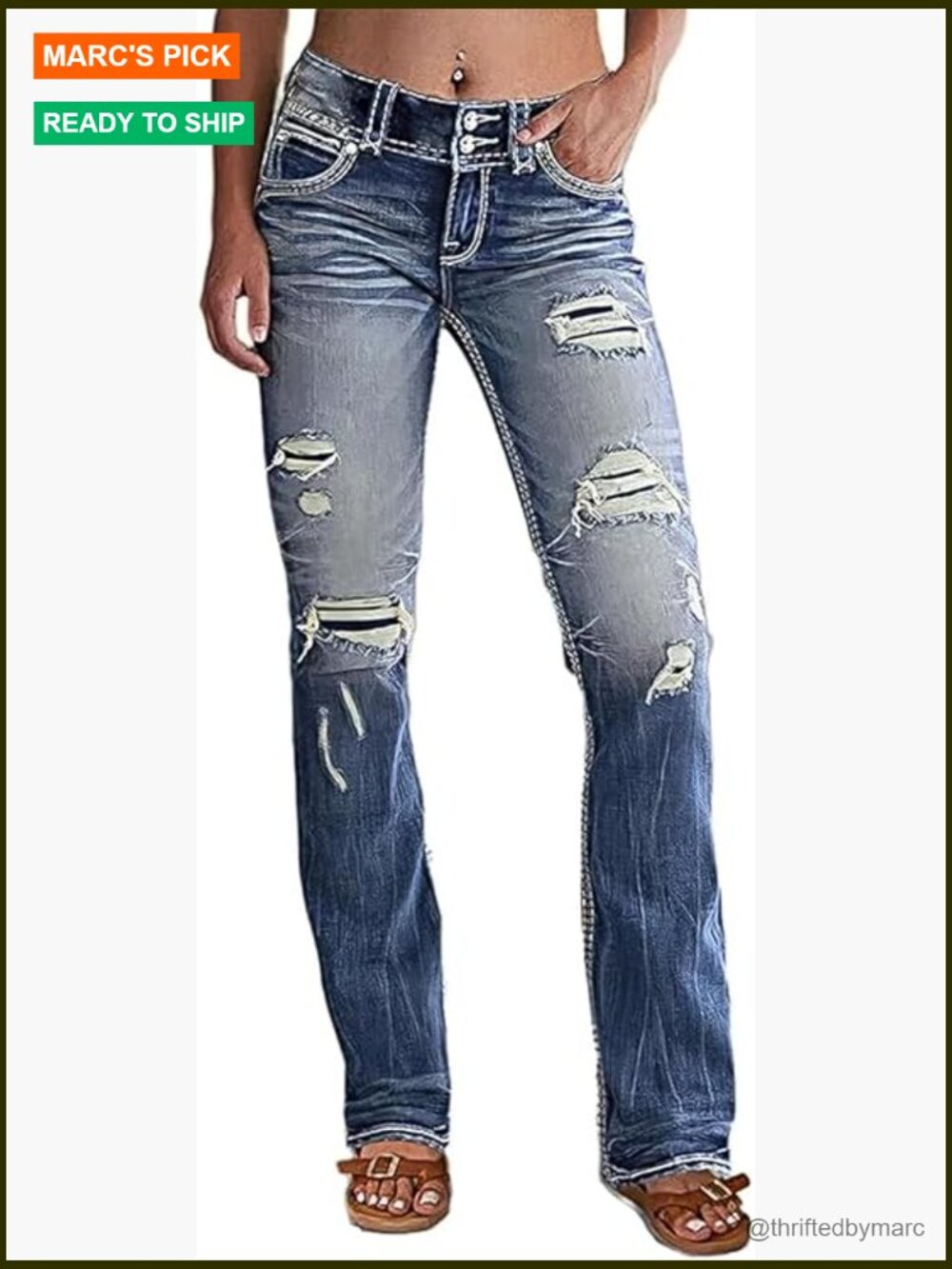 Distressed Bootcut Jeans Low Rise Stretch Denim Pants